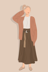 Portrait of a young beautiful girl with short wavy ponytail hairstyle wearing oversized cardigan and long brown skirt, isolated flat illustration