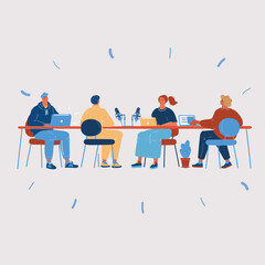 Vector illustration of people in conference meeting people team sitting attable teamwork brainstorming, online podcast audio meeting, interview. Character on dark backround.