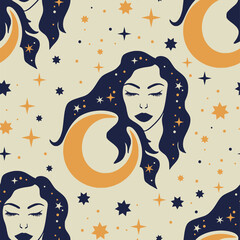 Celestial feminine magic astrology seamless pattern. Woman face fairy galaxy lunar mystic art boho moon esoteric astronomy star illustration.
