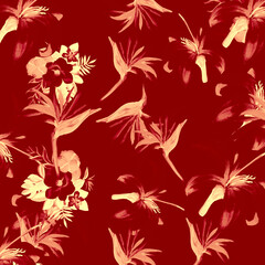 Red Pattern Nature. Brown Tropical Texture. Gray Floral Plant. Scarlet Drawing Hibiscus. Coral Fashion Texture. Ruby Flora Design. Decoration Exotic.