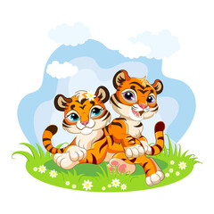 Obraz na płótnie Canvas Cute cartoon little tigers playing on a meadow