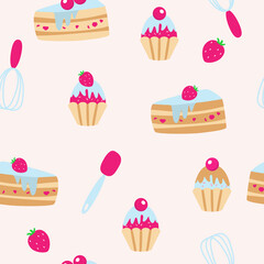Cupcakes, muffins and pieces of cake with raspberry cream seamless pattern on a white background. Cartoon childrens style illustration for textiles, clothing, packaging, kitchen themes.