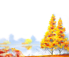 Fototapeta na wymiar Autumn forest by the lake. Watercolor landscape