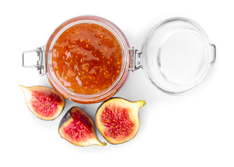 Glass jar with sweet fig jam on white background