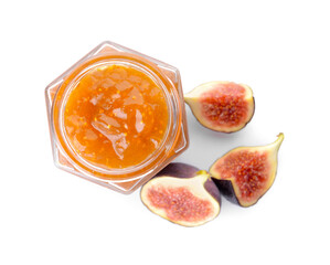 Glass jar with sweet fig jam on white background