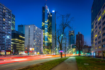 Amazing cityscape of Warsaw with modern architecture at night, Poland.