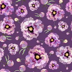 Summer Seamless Watercolor Pattern with Pink Peonies and Roses on a Purple Background, Vector Illustration on a blooming Background