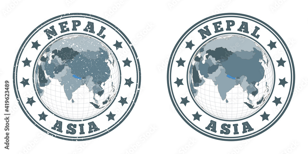 Poster nepal round logos. circular badges of country with map of nepal in world context. plain and textured