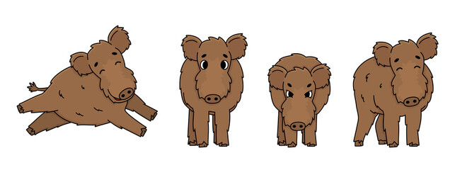 Set of brown vector outline cute cartoon boar in different poses. Fluffy animal stands, runs, is happy, is angry and ready to attack. Front side view. Doodle isolated illustration on white background.