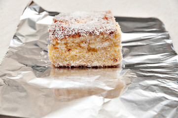 Traditional Brazilian dessert called Bolo Gelado in Brazilian Portuguese. Front view.