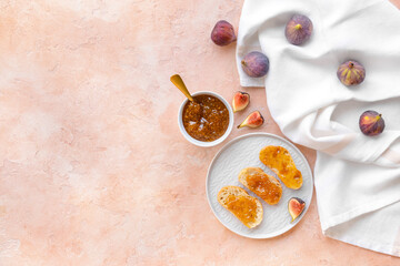 Composition with sweet fig jam on color background