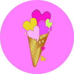 ice cream in the form of hearts. pink color, waffle cup, vector