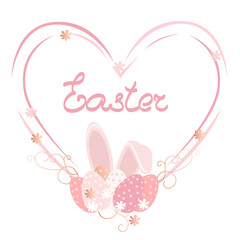 Happy easter vector background and frame in pastel pink colors with place for text, hare ears and painted eggs. Vector template for invitation, congratulation, postcard or banner.