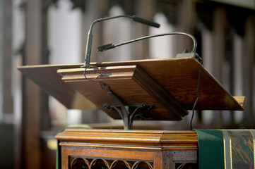 Microphones and podium  at conference hall