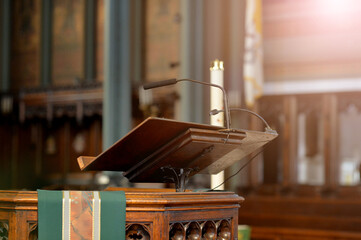 Microphones and podium  at conference hall