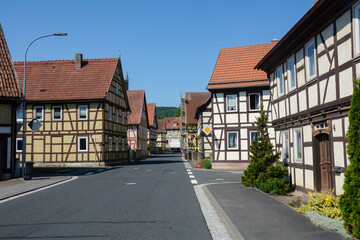 Fototapeta na wymiar Village with half-timbered houses in the Rhoen, Bavaria, Germany
