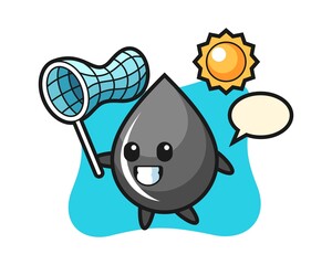 Oil drop mascot illustration is catching butterfly