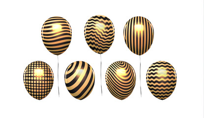 Gold balloons isolated on white background. Celebration holiday decoration clip art. Birthday party carnival background. Surprise golden balloons flying and shiny. Vector illustration Eps 10.