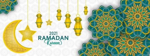 Decorative ramadan kareem Islamic banner with mandala and crescent moon motifs © Rahem Ra
