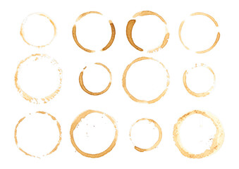 Collection of circle from the bottom cup- real coffee water paint on white paper in many strokes and technique of a brush. Illustration aroma beverage brush as coffee art isolated on white background.