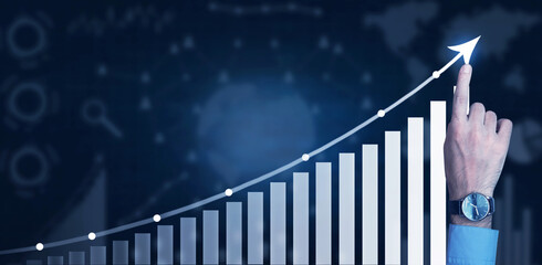 Male hand touching in growth graph. Concept of financial growth