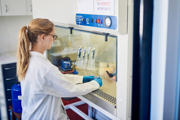 Female lab technician working with samples inside a biosafety cabinet