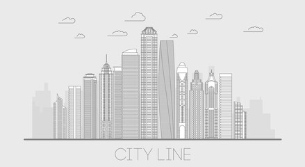 City line illustration panorama. Cityscape line art building. Skyline thin line vector illustration.
