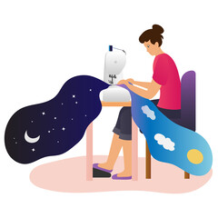 The seamstress works on a sewing machine. There is day turns to night on the sewing cloth. Vector