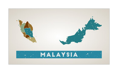 Malaysia map. Country poster with regions. Old grunge texture. Shape of Malaysia with country name. Attractive vector illustration.