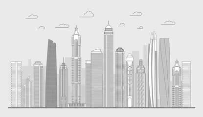 Fototapeta na wymiar Cityscape line art building. City line illustration panorama. Skyline thin line vector illustration.