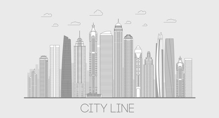 Fototapeta premium Line illustration city panorama. Cityscape line art building. Skyline thin line vector illustration.