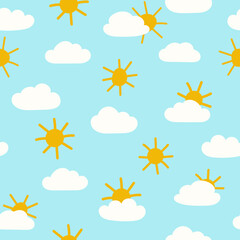 Seamless children's vector pattern. Hand drawn sun and clouds in doodle style on blue background. Print for children's clothing, wallpaper, fabric, wrapping paper