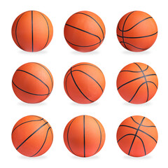 Set with bright basketball balls on white background