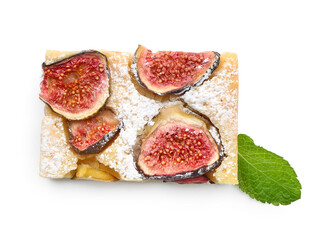 Slice of delicious fig pie on white background