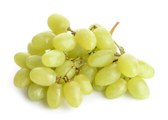 Ripe green grapes on white background