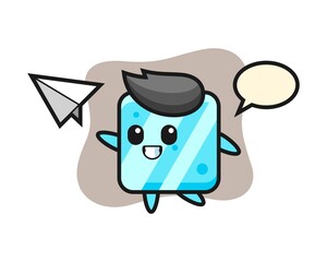 Ice cube cartoon character throwing paper airplane