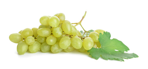 Ripe green grapes on white background