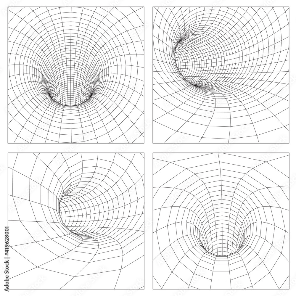 Wall mural grid wormhole wireframe tunnel. 3d gravity quantum, vector wormhole illustration. singularity abstra