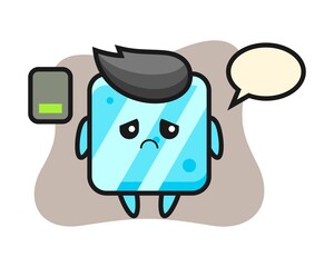 Ice cube mascot character doing a tired gesture