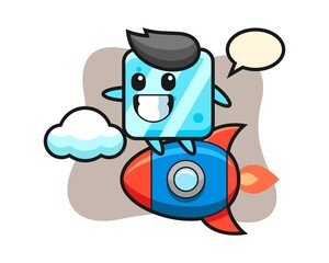 Ice cube mascot character riding a rocket