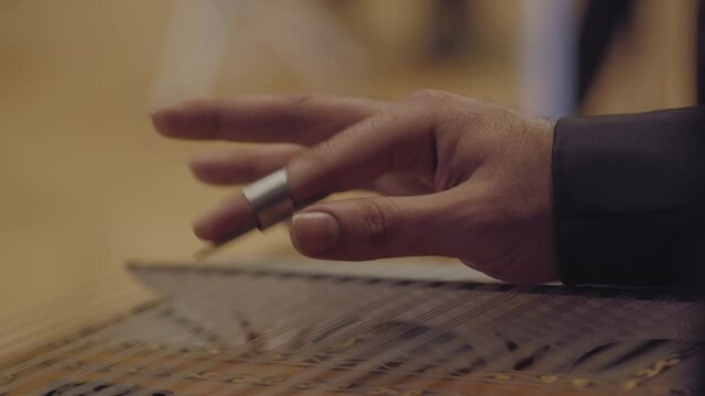 close up, male artist playing strings instrument qanun 
