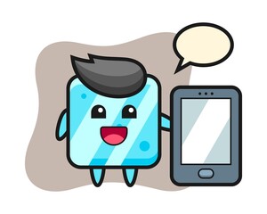 Ice cube illustration cartoon holding a smartphone