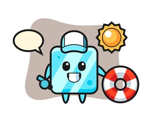 Cartoon mascot of ice cube as a beach guard