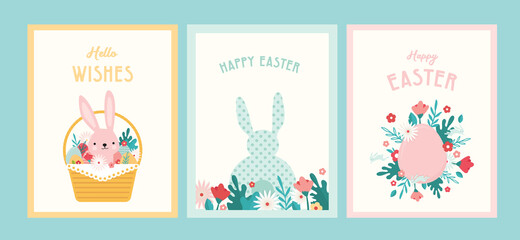 Happy Easter. Greeting cards or posters with bunny, spring flowers and Easter egg. Egg hunt poster template. Spring background. vector illustration