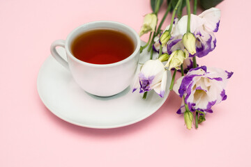 Purple flowers and a white coffee cup on a pink background. A beautiful banner with space to copy.