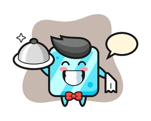 Obraz na płótnie Canvas Character mascot of ice cube as a waiters
