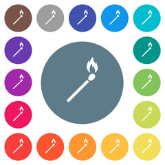 Burning matchstick flat white icons on round color backgrounds