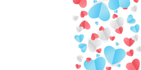 Boho bohemian art in blue, pink and white hearts with golden confetti isolated on transparent background. Vector illustration. Paper cut decorations for Valentine's day design 