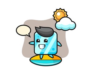 Illustration of ice cube cartoon do surfing on the beach