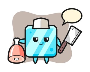 Illustration of ice cube character as a butcher